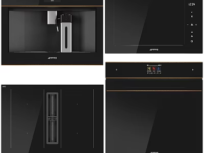 Set of Modern Black Kitchen Appliances With Gold Trim Display And Control Panels 3d model