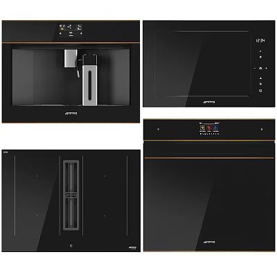 Set of Modern Black Kitchen Appliances With Gold Trim Display And Control Panels 3d model