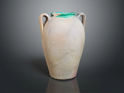 Hand Carved Ceramic Sculpture With Two Handles Green Rim And Terracotta Textured Surface 3d model