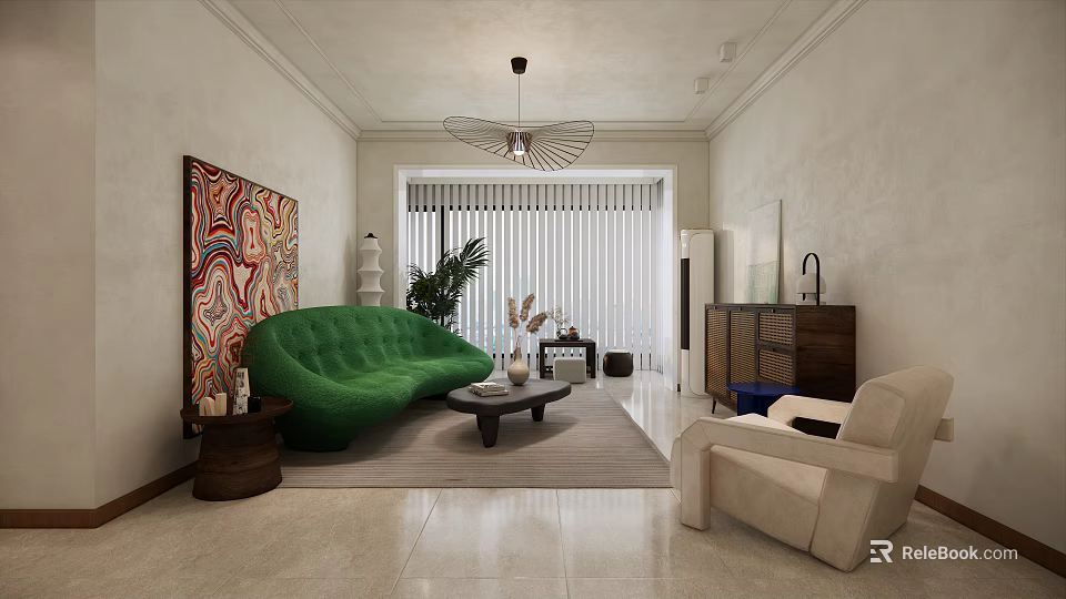 Modern Living Dining Room Interior With Green Sofa Beige Armchair And Colorful Abstract Painting 3d model 
