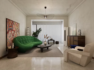 Modern Living Dining Room Interior With Green Sofa Beige Armchair And Colorful Abstract Painting 3d model
