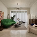 Modern Living Dining Room Interior With Green Sofa Beige Armchair And Colorful Abstract Painting