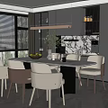 Modern Restaurant Interior With Round Dining Table Beige Brown Chairs Marble Wall And Gray Cabinets