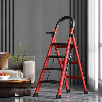 Red Foldable Ladder With Black Steps In Modern Living Room Setting 3d model