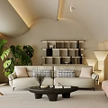 Bright Modern Sofa Set in Living Room With Plants Bookshelf Floor Lamp and Ottoman