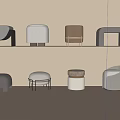 Modern Designed Stools with Various Colors and Materials on Shelf and Floor 3d model