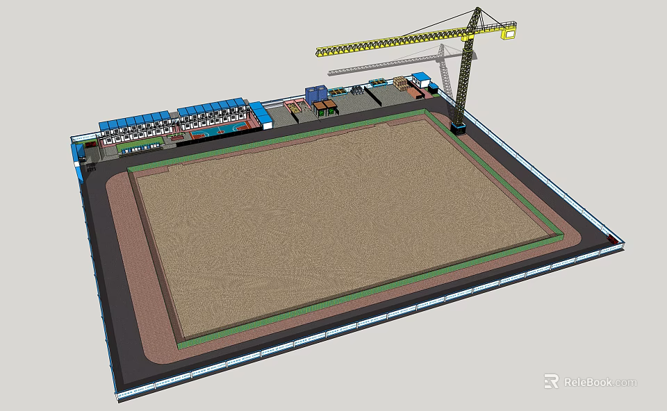 Construction Site Layout With Tower Crane Material Storage And Open Ground 3d model