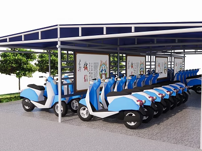 Covered Parking Lot With Organized Blue And White Electric Scooters Trees And Decorative Wall 3d model