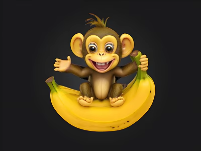Cute Happy Cartoon Monkey Sitting On Large Yellow Banana Waving Hand 3d model