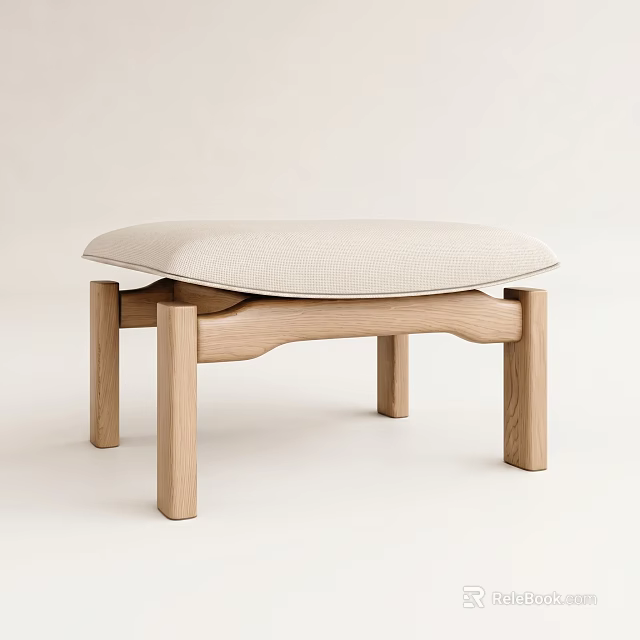 Simple Modern Ottoman With Natural Wood Frame And Light Beige Fabric Cushion 3d model 