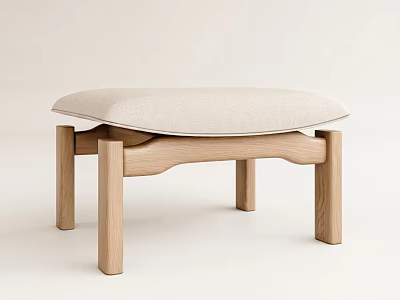 Simple Modern Ottoman With Natural Wood Frame And Light Beige Fabric Cushion 3d model