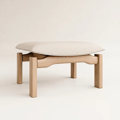 Simple Modern Ottoman With Natural Wood Frame And Light Beige Fabric Cushion 3d model