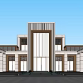 Elegant Modern Sales Office Building With Symmetrical Facade Large Glass Windows And Stone Walls