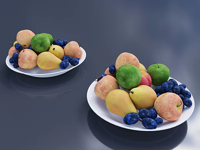 Fresh Assorted Fruits Including Apples Pears Limes Blueberries on Two White Plates 3d model