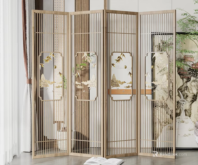 Elegant Modern Chinese Screen With Metal Frame And Bird Plant Patterns 3d model