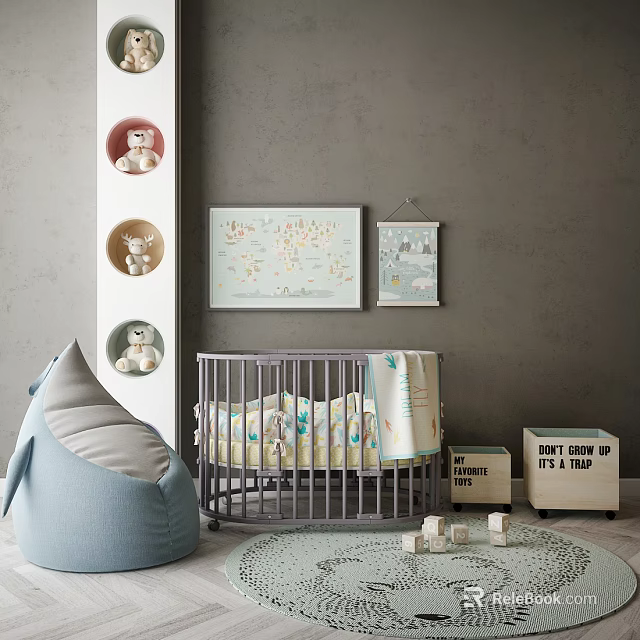 Gray Baby Crib In Cozy Nursery Room With Blue Bean Bag Decorative Prints Teddy Bears 3d model 