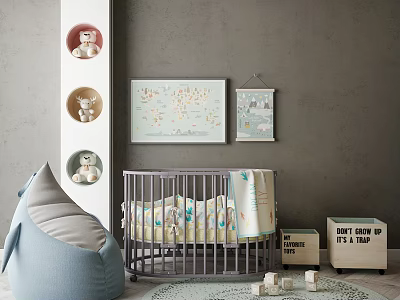 Gray Baby Crib In Cozy Nursery Room With Blue Bean Bag Decorative Prints Teddy Bears 3d model