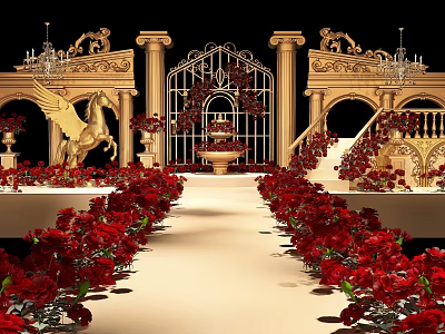 Gorgeous Banquet Hall With Golden Pegasus Red Roses Ornate Chandeliers And Arches 3d model