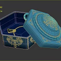Ornate Blue Octagonal Box With Open Lid Golden Patterns And Velvet Interior