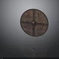 Ornate Ancient Round Wooden Shield With Red Patterns And Metal Center