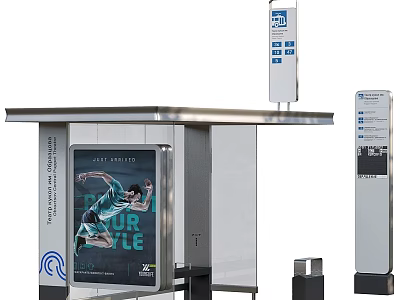 Bus Stop Ground Paved With Durable Tiles For Pedestrian Safety Near Metal Signage And Billboard 3d model