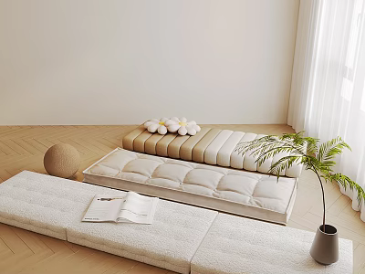 Minimalist Living Area With Soft Cushioned Seats Wooden Floor And Decor 3d model
