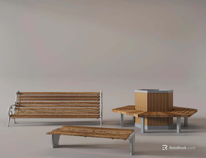 Wooden Outdoor Chairs With Metal Frames And Various Bench Shapes For Garden Use 3d model 