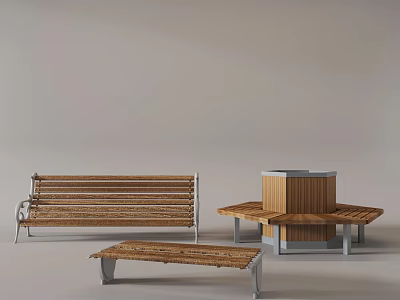 Wooden Outdoor Chairs With Metal Frames And Various Bench Shapes For Garden Use 3d model