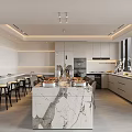 Modern Restaurant Kitchen Interior With Marble Island White Cabinets And Bar Stools