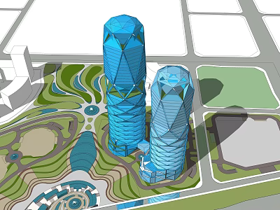 Modern Office Building With Two Blue Towers And Landscaped Surroundings 3d model