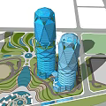 Modern Office Building With Two Blue Towers And Landscaped Surroundings
