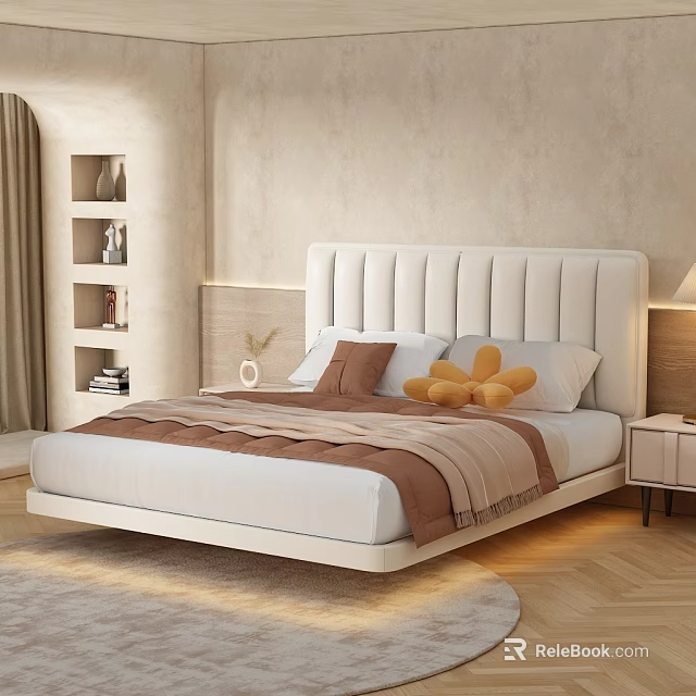 Modern Double Bed With White Upholstered Headboard And Brown Beige Bedding In Cozy Bedroom 3d model 