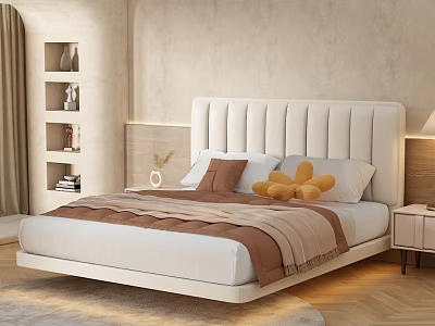 Modern Double Bed With White Upholstered Headboard And Brown Beige Bedding In Cozy Bedroom 3d model