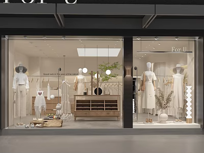 Elegant Clothing Store Window Display With White Outfits And Mannequins 3d model