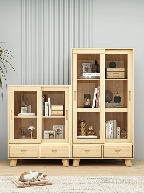 Wooden Bookcases With Glass Doors Holding Books Decorative Ornaments Photo Frames And Shelves 3d model 