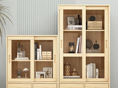 Wooden Bookcases With Glass Doors Holding Books Decorative Ornaments Photo Frames And Shelves 3d model