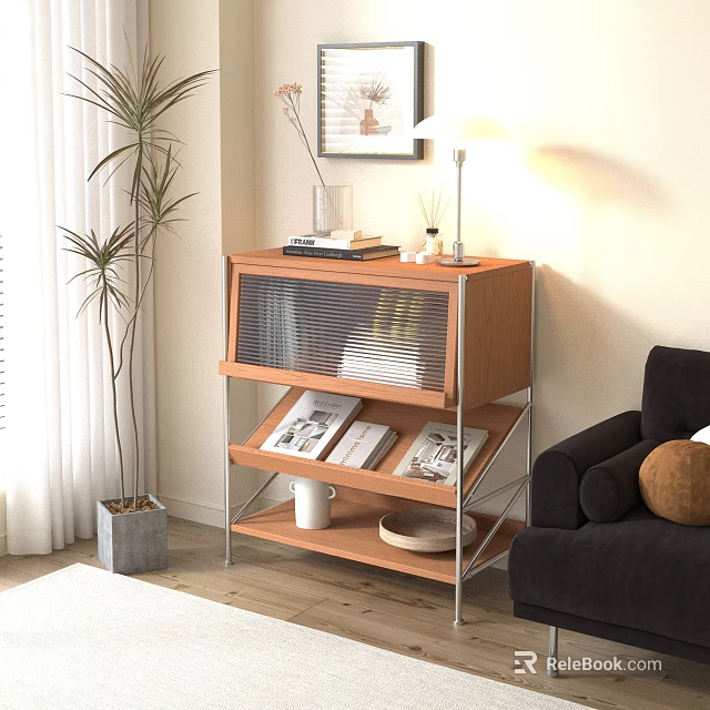 Modern Wooden Console Table Side Cabinet With Glass Door And Decorative Items In Living Room 3d model 