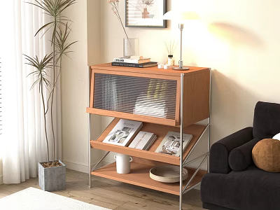Modern Wooden Console Table Side Cabinet With Glass Door And Decorative Items In Living Room 3d model