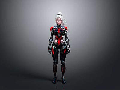 Futuristic Female Character In Black And Red Form Fitting Combat Suit With White Hair 3d model