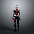 Futuristic Female Character In Black And Red Form Fitting Combat Suit With White Hair