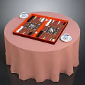 Round Table With Pink Tablecloth Orange Backgammon Board Black White Pieces And Tea Cups 3d model