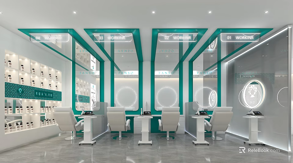 Modern Beauty Salon With White Chairs Tables Green White Decor Mirror And Wall Product Displays 3d model 