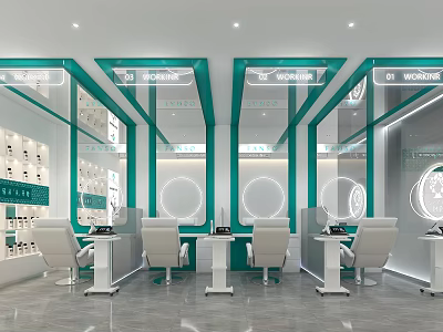Modern Beauty Salon With White Chairs Tables Green White Decor Mirror And Wall Product Displays 3d model