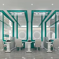 Modern Beauty Salon With White Chairs Tables Green White Decor Mirror And Wall Product Displays