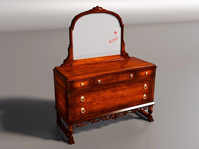Classic Wooden Dressing Table With Carved Mirror Drawers And Ornate Details 3d model