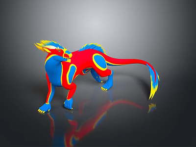 3D Rendered Vibrant Red Blue Yellow Mythical Creature Game and Movie Character Design 3d model