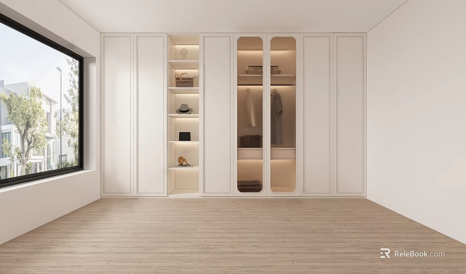 Minimalist White Wardrobe with Glass Doors Shelves Hanging Space in Room with Window Wooden Floor 3d model 