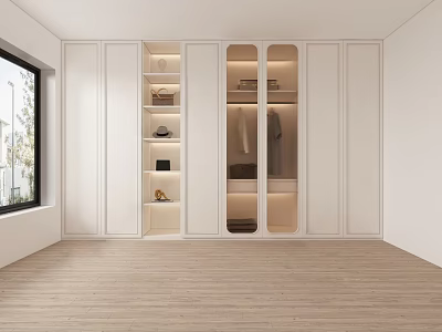 Minimalist White Wardrobe with Glass Doors Shelves Hanging Space in Room with Window Wooden Floor 3d model