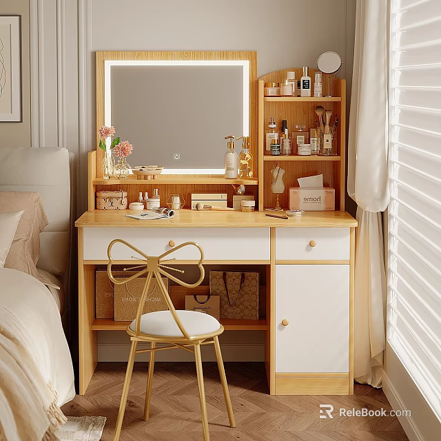 Modern Wooden Dressing Table with Mirror Multi tier Shelf Skincare Cosmetics and Bow Shaped Chair 3d model 