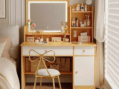 Modern Wooden Dressing Table with Mirror Multi tier Shelf Skincare Cosmetics and Bow Shaped Chair 3d model